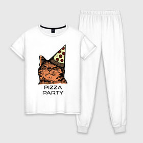 Женская пижама хлопок с принтом PIZZA PARTY в Тюмени, 100% хлопок | брюки и футболка прямого кроя, без карманов, на брюках мягкая резинка на поясе и по низу штанин | party | pizza | pizza party | time | арт | веселье | время | для детей | животные | картинка | кот | котик | котики | пицца | пиццы | рисунок | рыжий кот
