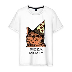 Мужская футболка хлопок с принтом PIZZA PARTY в Тюмени, 100% хлопок | прямой крой, круглый вырез горловины, длина до линии бедер, слегка спущенное плечо. | Тематика изображения на принте: party | pizza | pizza party | time | арт | веселье | время | для детей | животные | картинка | кот | котик | котики | пицца | пиццы | рисунок | рыжий кот
