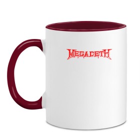 Кружка двухцветная с принтом Megadeth в Тюмени, керамика | объем — 330 мл, диаметр — 80 мм. Цветная ручка и кайма сверху, в некоторых цветах — вся внутренняя часть | Тематика изображения на принте: dave mustaine | megadeth | music | rock | дирк вербурен | дэвид эллефсон | дэйв мастейн | кико лоурейро | мегадеф | музыка | рок | трэш метал | хард рок | хеви метал