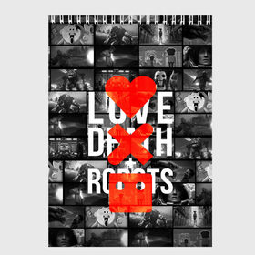 Скетчбук с принтом LOVE DEATH ROBOTS (LDR) в Тюмени, 100% бумага
 | 48 листов, плотность листов — 100 г/м2, плотность картонной обложки — 250 г/м2. Листы скреплены сверху удобной пружинной спиралью | death | fantastic | future | ldr | love | love death and robots | love death robots | netflix | robots | sci fi | будущее | лдр | любовь | нетфликс | роботы | фантастика