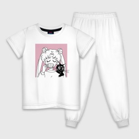 Детская пижама хлопок с принтом Sailor Moon, Usagi Tsukino в Тюмени, 100% хлопок |  брюки и футболка прямого кроя, без карманов, на брюках мягкая резинка на поясе и по низу штанин
 | Тематика изображения на принте: anime | bunny | kawaii | luna | manga | sailor moon | sailors | usagi tsukino | аниме | луна | манга | сейлор мун | усаги цукино