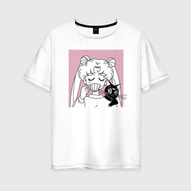 Женская футболка хлопок Oversize с принтом Sailor Moon Usagi Tsukino в Тюмени, 100% хлопок | свободный крой, круглый ворот, спущенный рукав, длина до линии бедер
 | anime | bunny | kawaii | luna | manga | sailor moon | sailors | usagi tsukino | аниме | луна | манга | сейлор мун | усаги цукино
