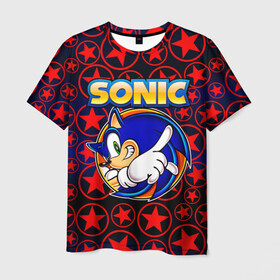 Мужская футболка 3D с принтом Sonic в Тюмени, 100% полиэфир | прямой крой, круглый вырез горловины, длина до линии бедер | 90 е | old school | sega | sonic | еж | игра | олдскулл | сега | синий еж | соник