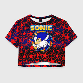 Женская футболка Crop-top 3D с принтом Sonic в Тюмени, 100% полиэстер | круглая горловина, длина футболки до линии талии, рукава с отворотами | 90 е | old school | sega | sonic | еж | игра | олдскулл | сега | синий еж | соник