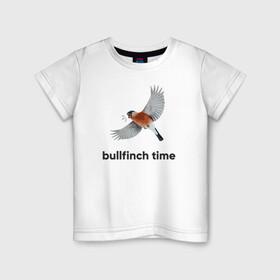 Детская футболка хлопок с принтом Bullfinch time в Тюмени, 100% хлопок | круглый вырез горловины, полуприлегающий силуэт, длина до линии бедер | Тематика изображения на принте: bird | bullfinch | wings | летать | полет | птица | снегирь