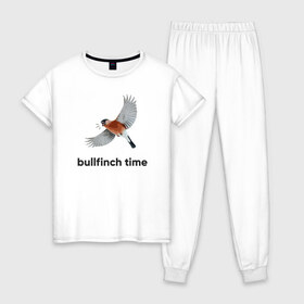 Женская пижама хлопок с принтом Bullfinch time в Тюмени, 100% хлопок | брюки и футболка прямого кроя, без карманов, на брюках мягкая резинка на поясе и по низу штанин | bird | bullfinch | wings | летать | полет | птица | снегирь