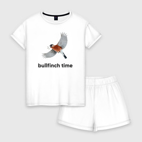 Женская пижама с шортиками хлопок с принтом Bullfinch time в Тюмени, 100% хлопок | футболка прямого кроя, шорты свободные с широкой мягкой резинкой | bird | bullfinch | wings | летать | полет | птица | снегирь