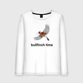 Женский лонгслив хлопок с принтом Bullfinch time в Тюмени, 100% хлопок |  | bird | bullfinch | wings | летать | полет | птица | снегирь