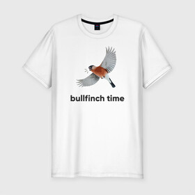 Мужская футболка хлопок Slim с принтом Bullfinch time в Тюмени, 92% хлопок, 8% лайкра | приталенный силуэт, круглый вырез ворота, длина до линии бедра, короткий рукав | bird | bullfinch | wings | летать | полет | птица | снегирь