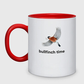 Кружка двухцветная с принтом Bullfinch time в Тюмени, керамика | объем — 330 мл, диаметр — 80 мм. Цветная ручка и кайма сверху, в некоторых цветах — вся внутренняя часть | bird | bullfinch | wings | летать | полет | птица | снегирь