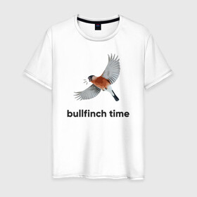 Мужская футболка хлопок с принтом Bullfinch time в Тюмени, 100% хлопок | прямой крой, круглый вырез горловины, длина до линии бедер, слегка спущенное плечо. | bird | bullfinch | wings | летать | полет | птица | снегирь