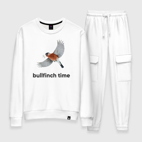 Женский костюм хлопок с принтом Bullfinch time в Тюмени, 100% хлопок | на свитшоте круглая горловина, мягкая резинка по низу. Брюки заужены к низу, на них два вида карманов: два 