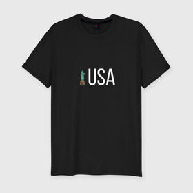 Мужская футболка хлопок Slim с принтом USA в Тюмени, 92% хлопок, 8% лайкра | приталенный силуэт, круглый вырез ворота, длина до линии бедра, короткий рукав | america | city | liberty | new | ny | of | paris | states | tourist | united | usa | york | америка | башня | йорк | нью | свободы | символ | статуя | столица | сша | турист | туристическая