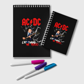 Блокнот с принтом AC DC let there be rock! в Тюмени, 100% бумага | 48 листов, плотность листов — 60 г/м2, плотность картонной обложки — 250 г/м2. Листы скреплены удобной пружинной спиралью. Цвет линий — светло-серый
 | ac dc | acdc | acdc ас дс | angus | back in black | highway to hell | mckinnon | young | австралийская | ангус янг | ас дс | асдс | блюз | в форме | гитара | группа | крис слэйд | метал | молния | музыка | п | певец | рок | рок н ролл