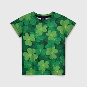 Детская футболка 3D с принтом Ирландский клевер в Тюмени, 100% гипоаллергенный полиэфир | прямой крой, круглый вырез горловины, длина до линии бедер, чуть спущенное плечо, ткань немного тянется | clover | day | ireland.lucky | irish | patrick | patricks | shamrock | день | зеленая | зеленый | ирландский | клевер | купить | патрик | патрика | святого | святой