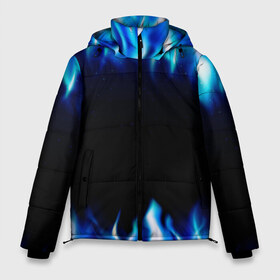 Мужская зимняя куртка 3D с принтом Синий Огонь в Тюмени, верх — 100% полиэстер; подкладка — 100% полиэстер; утеплитель — 100% полиэстер | длина ниже бедра, свободный силуэт Оверсайз. Есть воротник-стойка, отстегивающийся капюшон и ветрозащитная планка. 

Боковые карманы с листочкой на кнопках и внутренний карман на молнии. | Тематика изображения на принте: абстракция | блеск | волны | дракон | дым | крутой | линии | неон | неоновый | ночь | огненный | огни | огонь | пламя | свет | синий | сияние | яркий
