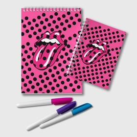 Блокнот с принтом rolling stones pink logo в Тюмени, 100% бумага | 48 листов, плотность листов — 60 г/м2, плотность картонной обложки — 250 г/м2. Листы скреплены удобной пружинной спиралью. Цвет линий — светло-серый
 | Тематика изображения на принте: mick jagger | music | rock | rolling stones | музыка | рок