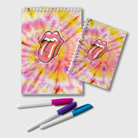 Блокнот с принтом Rolling Stones tie-dye в Тюмени, 100% бумага | 48 листов, плотность листов — 60 г/м2, плотность картонной обложки — 250 г/м2. Листы скреплены удобной пружинной спиралью. Цвет линий — светло-серый
 | Тематика изображения на принте: mick jagger | music | rock | rolling stones | музыка | рок