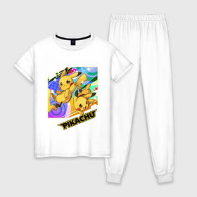 Женская пижама хлопок с принтом Pikachu в Тюмени, 100% хлопок | брюки и футболка прямого кроя, без карманов, на брюках мягкая резинка на поясе и по низу штанин | game | pikachu | аниме | игры | манги | покемон