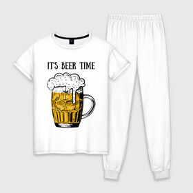 Женская пижама хлопок с принтом Its beer time в Тюмени, 100% хлопок | брюки и футболка прямого кроя, без карманов, на брюках мягкая резинка на поясе и по низу штанин | beer | beer time | its beer time | надпись