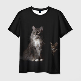 Мужская футболка 3D с принтом Котики в Тюмени, 100% полиэфир | прямой крой, круглый вырез горловины, длина до линии бедер | animal | animals | beast | black | cat | kitten | животное | животные | зверек | зверь | кот | котейка | котенок | котики | котэ | кошка | кошки | мейн кун | черная