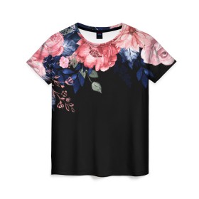 Женская футболка 3D с принтом цветы на черном в Тюмени, 100% полиэфир ( синтетическое хлопкоподобное полотно) | прямой крой, круглый вырез горловины, длина до линии бедер | 3d | big picture | красиво | прикольные картинки | цветы