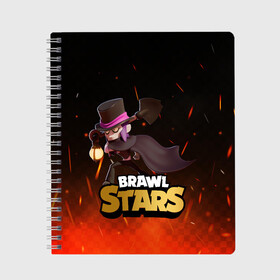 Тетрадь с принтом Brawl stars Mortis Мортис в Тюмени, 100% бумага | 48 листов, плотность листов — 60 г/м2, плотность картонной обложки — 250 г/м2. Листы скреплены сбоку удобной пружинной спиралью. Уголки страниц и обложки скругленные. Цвет линий — светло-серый
 | Тематика изображения на принте: brawl | brawl stars | brawlstars | brawl_stars | jessie | mortis | бравл | бравлстарс | мортис