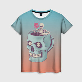 Женская футболка 3D с принтом Good Viber в Тюмени, 100% полиэфир ( синтетическое хлопкоподобное полотно) | прямой крой, круглый вырез горловины, длина до линии бедер | good vibes | horror | кофе | кружка | напиток | психоделика | пятница 13 | скелет | ужасы | хэллоуин | череп