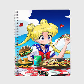 Тетрадь с принтом Пицца Мун в Тюмени, 100% бумага | 48 листов, плотность листов — 60 г/м2, плотность картонной обложки — 250 г/м2. Листы скреплены сбоку удобной пружинной спиралью. Уголки страниц и обложки скругленные. Цвет линий — светло-серый
 | anime | food | japan | manga | pizza | sailor moon | аниме | девочка | девушка | еда | лунная призма | манга | пицца | сейлор мун | сэйлор мун | япония