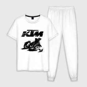 Мужская пижама хлопок с принтом KTM в Тюмени, 100% хлопок | брюки и футболка прямого кроя, без карманов, на брюках мягкая резинка на поясе и по низу штанин
 | Тематика изображения на принте: enduro | ktm | moto | motocycle | sportmotorcycle | ктм | мото | мотоспорт