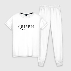 Женская пижама хлопок с принтом QUEEN (НА СПИНЕ) в Тюмени, 100% хлопок | брюки и футболка прямого кроя, без карманов, на брюках мягкая резинка на поясе и по низу штанин | Тематика изображения на принте: queen | rock | we will rock you | брайан мэи | группа queen | группа квин | джон дикон | квин | королева | король | роджер тейлор | рок | фредди меркьюри