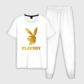 Мужская пижама хлопок с принтом PLAYBOY GOLD в Тюмени, 100% хлопок | брюки и футболка прямого кроя, без карманов, на брюках мягкая резинка на поясе и по низу штанин
 | brand | brazzers | fake taxi | faketaxi | hub | mode | playboy | бразерс | бренд | мода | фейк такси