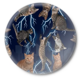 Значок с принтом Коты в Тюмени,  металл | круглая форма, металлическая застежка в виде булавки | Тематика изображения на принте: город | животное | забавный | кот | молния