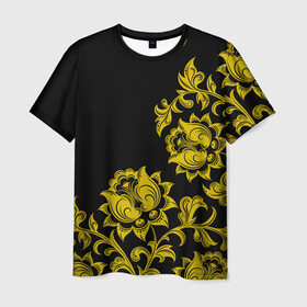 Мужская футболка 3D с принтом Золотая хохлома в Тюмени, 100% полиэфир | прямой крой, круглый вырез горловины, длина до линии бедер | бесконечный | бесшовный | жёлтый | завиток | золото | линия | лист | орнамент | повторение | позолоченный | природа | растение | роспись | русский | узор | цветок | чёрный | элемент