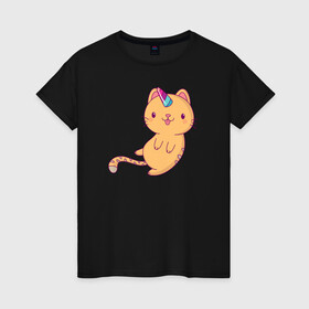 Женская футболка хлопок с принтом Котик - Единорожик в Тюмени, 100% хлопок | прямой крой, круглый вырез горловины, длина до линии бедер, слегка спущенное плечо | cat | happy | unicorn | единорог | единорожка | киса | кот | котенок | котэ | котя | кошак | кошка | милый | рыжий | хороший