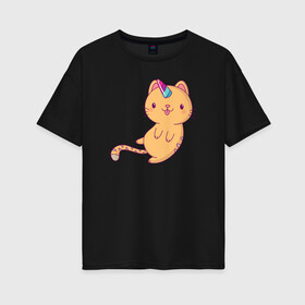 Женская футболка хлопок Oversize с принтом Котик - Единорожик в Тюмени, 100% хлопок | свободный крой, круглый ворот, спущенный рукав, длина до линии бедер
 | cat | happy | unicorn | единорог | единорожка | киса | кот | котенок | котэ | котя | кошак | кошка | милый | рыжий | хороший