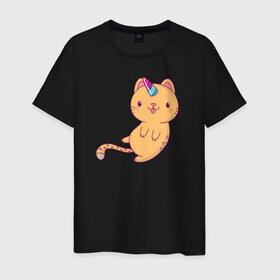 Мужская футболка хлопок с принтом Котик - Единорожик в Тюмени, 100% хлопок | прямой крой, круглый вырез горловины, длина до линии бедер, слегка спущенное плечо. | cat | happy | unicorn | единорог | единорожка | киса | кот | котенок | котэ | котя | кошак | кошка | милый | рыжий | хороший