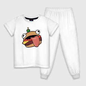 Детская пижама хлопок с принтом Fortnite Burger в Тюмени, 100% хлопок |  брюки и футболка прямого кроя, без карманов, на брюках мягкая резинка на поясе и по низу штанин
 | Тематика изображения на принте: burger | cybersport | esport | fortnite | game | logo | бургер | игра | киберспорт | фортнайт