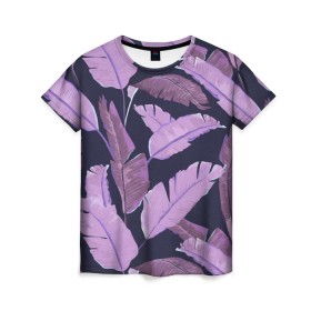 Женская футболка 3D с принтом Tropical leaves 4 purple в Тюмени, 100% полиэфир ( синтетическое хлопкоподобное полотно) | прямой крой, круглый вырез горловины, длина до линии бедер | leaves | palms. тропические | tropical | листья | пальмы