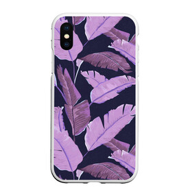 Чехол для iPhone XS Max матовый с принтом Tropical leaves 4 purple в Тюмени, Силикон | Область печати: задняя сторона чехла, без боковых панелей | leaves | palms. тропические | tropical | листья | пальмы