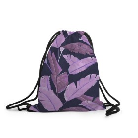 Рюкзак-мешок 3D с принтом Tropical leaves 4 purple в Тюмени, 100% полиэстер | плотность ткани — 200 г/м2, размер — 35 х 45 см; лямки — толстые шнурки, застежка на шнуровке, без карманов и подкладки | Тематика изображения на принте: leaves | palms. тропические | tropical | листья | пальмы