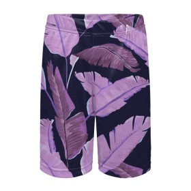 Детские спортивные шорты 3D с принтом Tropical leaves 4 purple в Тюмени,  100% полиэстер
 | пояс оформлен широкой мягкой резинкой, ткань тянется
 | Тематика изображения на принте: leaves | palms. тропические | tropical | листья | пальмы