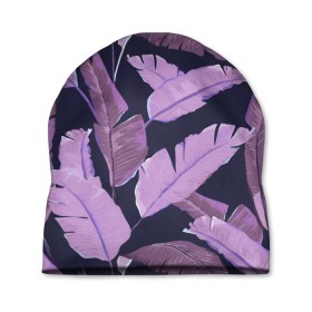 Шапка 3D с принтом Tropical leaves 4 purple в Тюмени, 100% полиэстер | универсальный размер, печать по всей поверхности изделия | leaves | palms. тропические | tropical | листья | пальмы