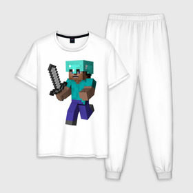Мужская пижама хлопок с принтом Майнкрафт в Тюмени, 100% хлопок | брюки и футболка прямого кроя, без карманов, на брюках мягкая резинка на поясе и по низу штанин
 | minecraft | майнкрафт | меч | стив | шлем