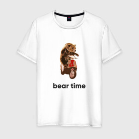 Мужская футболка хлопок с принтом Bear time в Тюмени, 100% хлопок | прямой крой, круглый вырез горловины, длина до линии бедер, слегка спущенное плечо. | bear | bear time | bike | moto | motorbike | motorcycle | scooter | медведь | миша | мишка | мопед | мото | мотоцикл