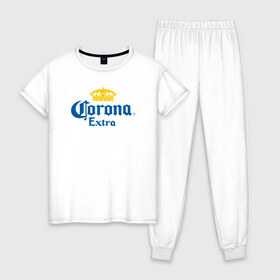 Женская пижама хлопок с принтом Corona Extra Коронавирус в Тюмени, 100% хлопок | брюки и футболка прямого кроя, без карманов, на брюках мягкая резинка на поясе и по низу штанин | beer | corona | corona virus | coronavirus | virus | вирус | корона | коронавирус