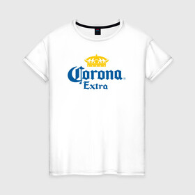 Женская футболка хлопок с принтом Corona Extra Коронавирус в Тюмени, 100% хлопок | прямой крой, круглый вырез горловины, длина до линии бедер, слегка спущенное плечо | beer | corona | corona virus | coronavirus | virus | вирус | корона | коронавирус