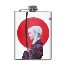 Фляга с принтом Самурай в Тюмени, металлический корпус | емкость 0,22 л, размер 125 х 94 мм. Виниловая наклейка запечатывается полностью | воин | рисунок | сакура | самурай. девушка