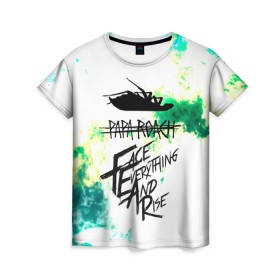 Женская футболка 3D с принтом Papa Roach в Тюмени, 100% полиэфир ( синтетическое хлопкоподобное полотно) | прямой крой, круглый вырез горловины, длина до линии бедер | face everything and rise | papa roach | американский рок | папа роч | рок | таракан