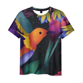 Мужская футболка 3D с принтом Колибри в Тюмени, 100% полиэфир | прямой крой, круглый вырез горловины, длина до линии бедер | абстракция | колибри | цветы. краски